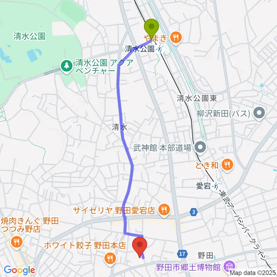 清水公園駅から欅のホールへのルートマップ地図