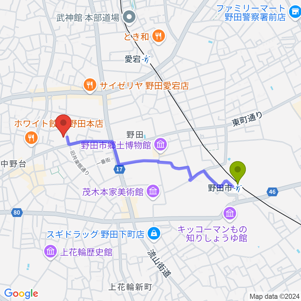 野田市駅から欅のホールへのルートマップ地図