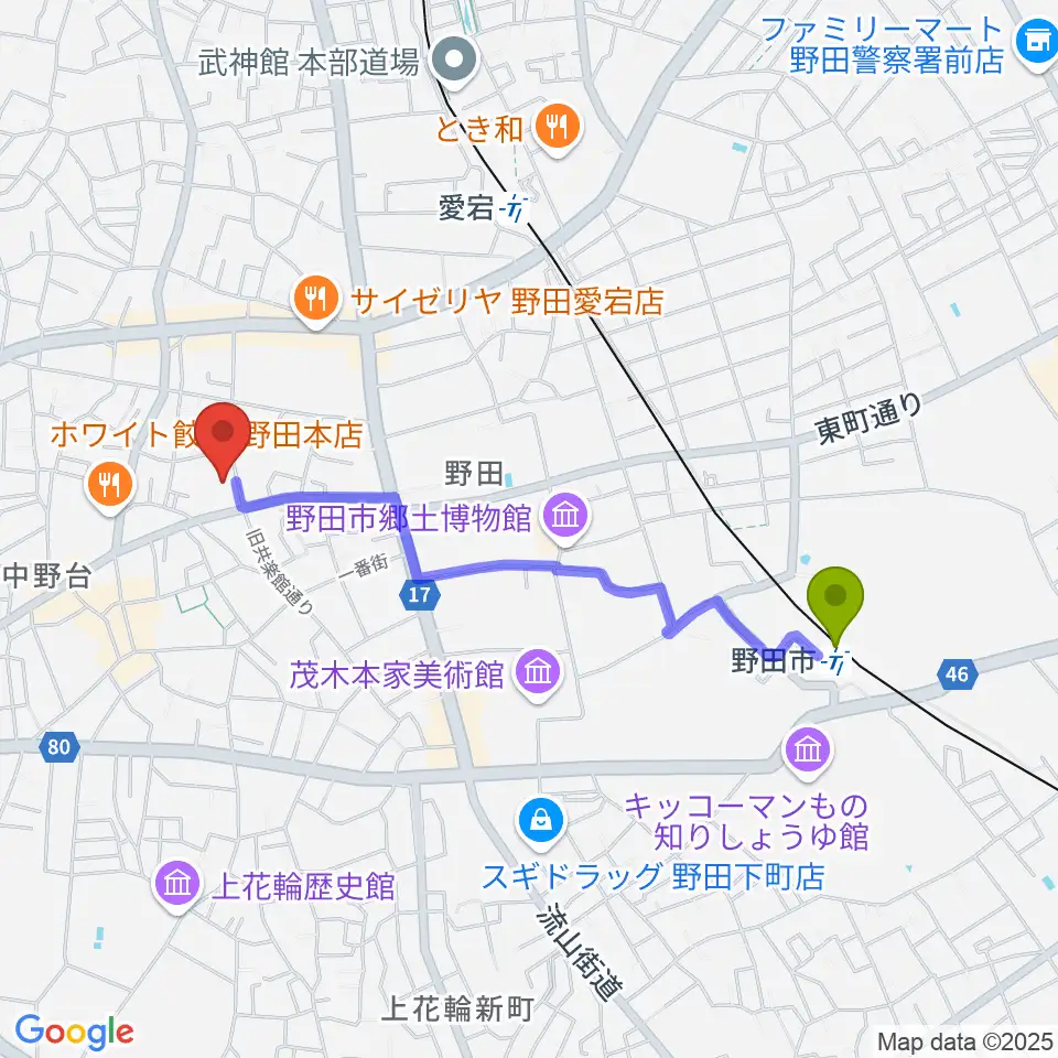 野田市駅から欅のホールへのルートマップ地図