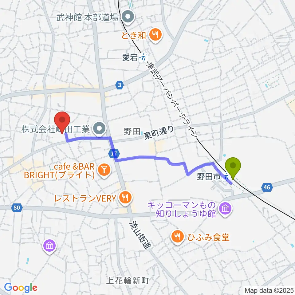 野田市駅から欅のホールへのルートマップ地図