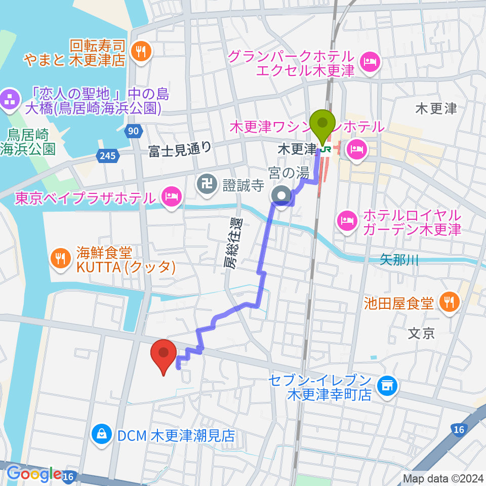 木更津市民会館の最寄駅木更津駅からの徒歩ルート（約18分）地図