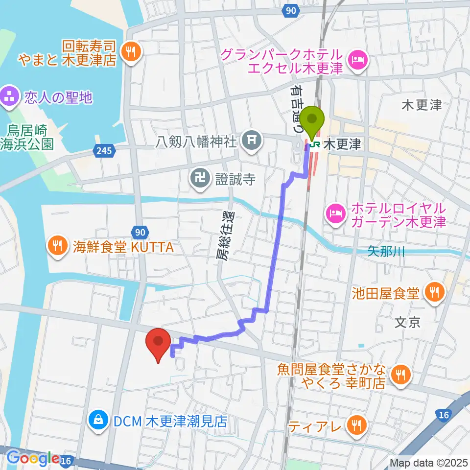 木更津市民会館の最寄駅木更津駅からの徒歩ルート（約18分）地図