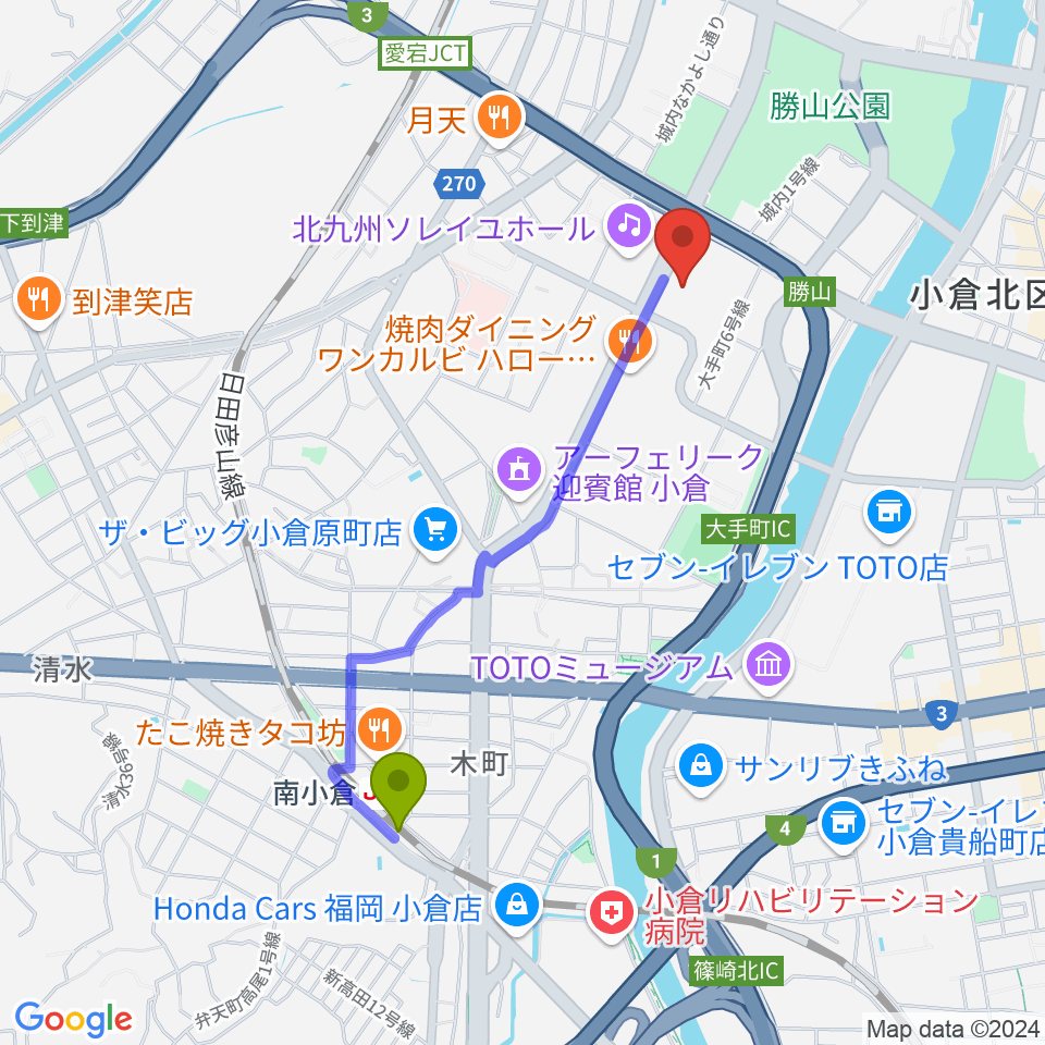 南小倉駅から北九州市立男女共同参画センター・ムーブへのルートマップ地図