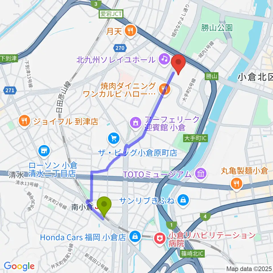 南小倉駅から北九州市立男女共同参画センター・ムーブへのルートマップ地図