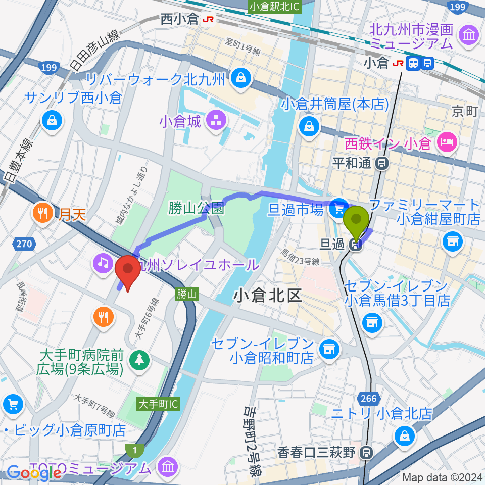 北九州市立男女共同参画センター・ムーブの最寄駅旦過駅からの徒歩ルート（約15分）地図