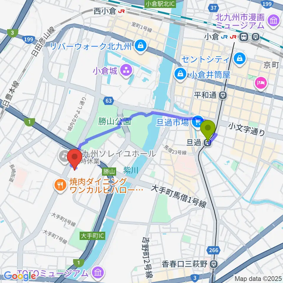 北九州市立男女共同参画センター・ムーブの最寄駅旦過駅からの徒歩ルート（約15分）地図