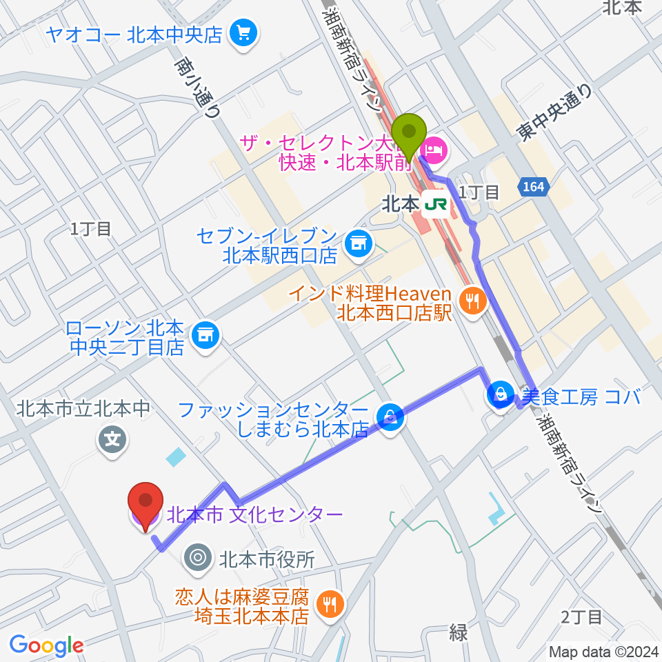 北本市文化センターの最寄駅北本駅からの徒歩ルート（約11分）地図