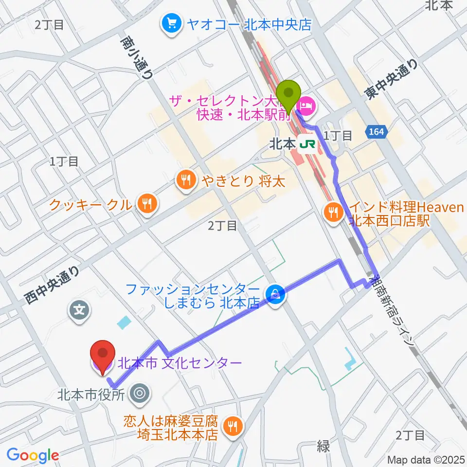 北本市文化センターの最寄駅北本駅からの徒歩ルート（約11分）地図