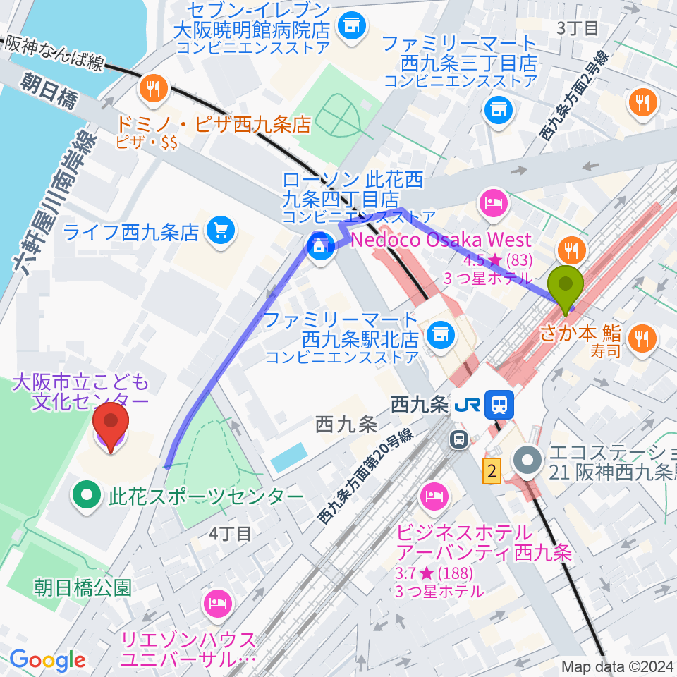 大阪市立こども文化センターの最寄駅西九条駅からの徒歩ルート（約6分）地図