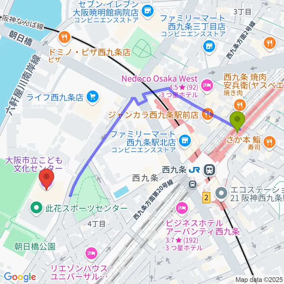 大阪市立こども文化センターの最寄駅西九条駅からの徒歩ルート（約6分）地図