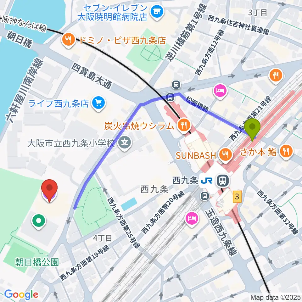 大阪市立こども文化センターの最寄駅西九条駅からの徒歩ルート（約6分）地図
