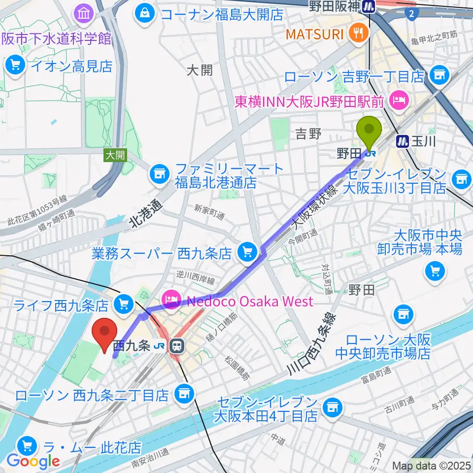 野田駅から大阪市立こども文化センターへのルートマップ地図