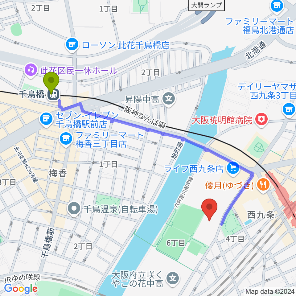 千鳥橋駅から大阪市立こども文化センターへのルートマップ地図