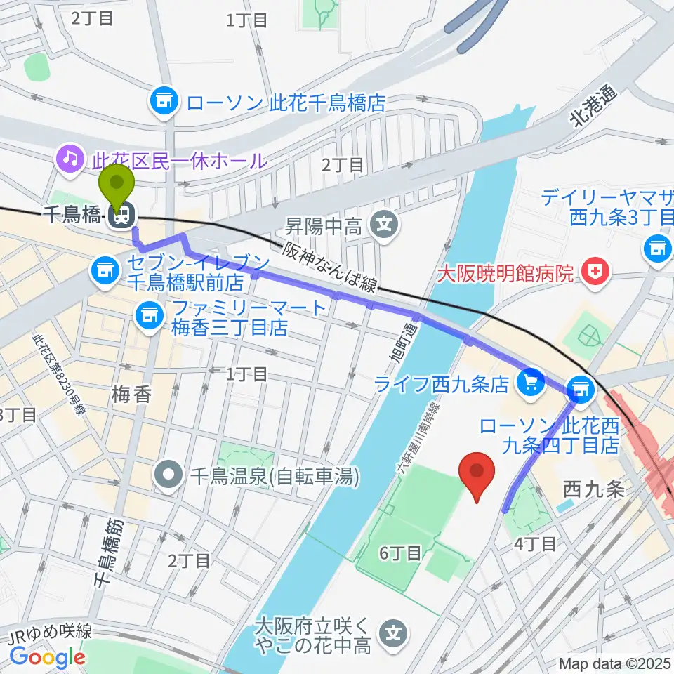 千鳥橋駅から大阪市立こども文化センターへのルートマップ地図