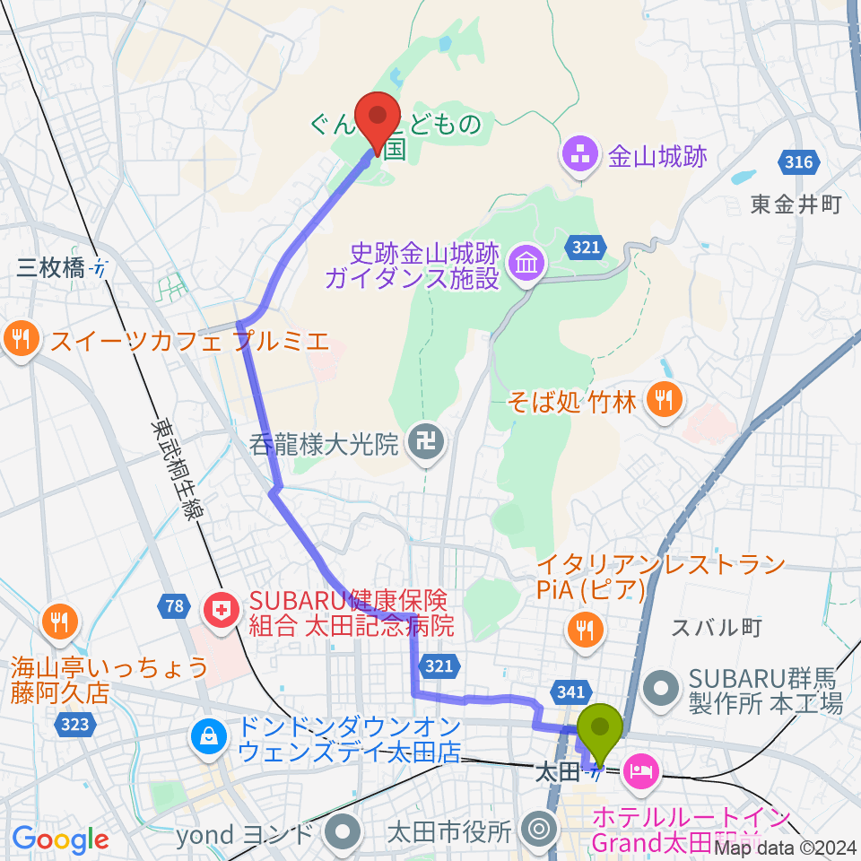 太田駅からぐんまこどもの国児童会館へのルートマップ地図