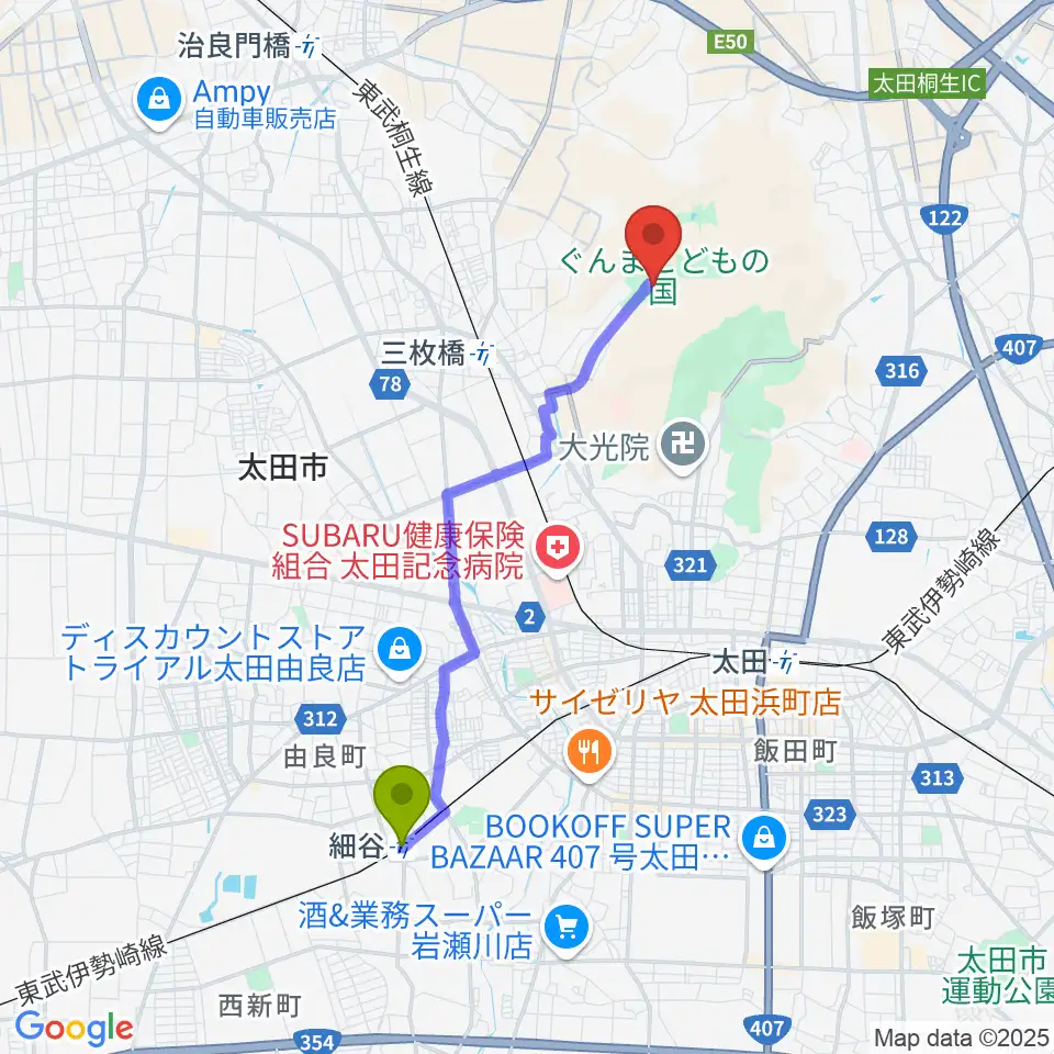 細谷駅からぐんまこどもの国児童会館へのルートマップ地図