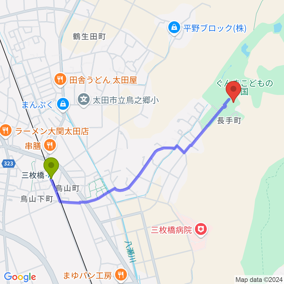 ぐんまこどもの国児童会館の最寄駅三枚橋駅からの徒歩ルート（約21分）地図