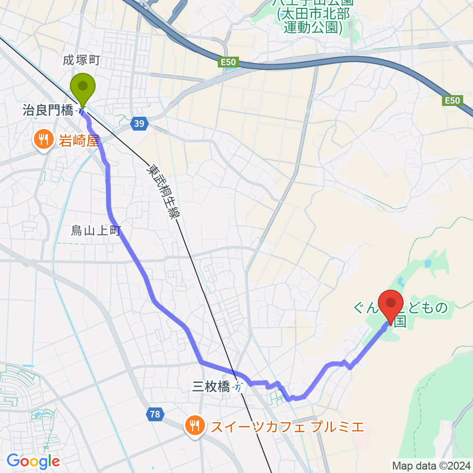 治良門橋駅からぐんまこどもの国児童会館へのルートマップ地図