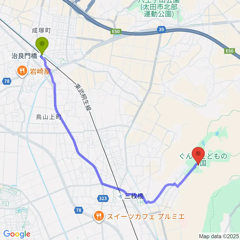治良門橋駅からぐんまこどもの国児童会館へのルートマップ地図