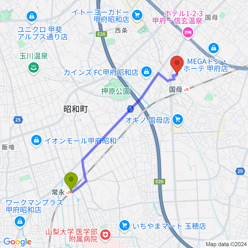 常永駅から土屋バイオリンチェロ教室へのルートマップ地図