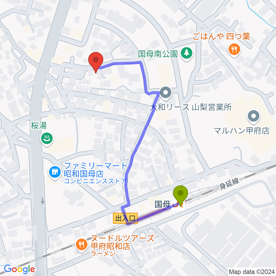 土屋バイオリンチェロ教室の最寄駅国母駅からの徒歩ルート（約4分）地図