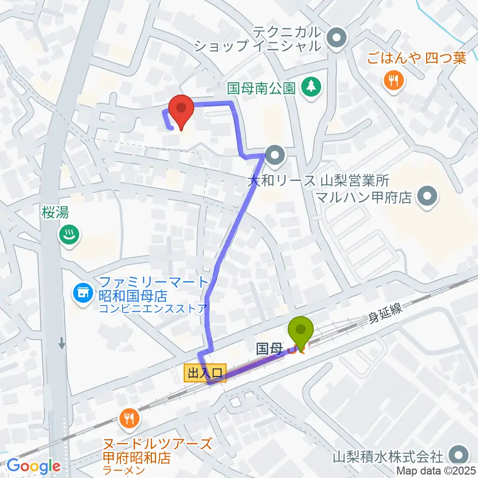 土屋バイオリンチェロ教室の最寄駅国母駅からの徒歩ルート（約4分）地図