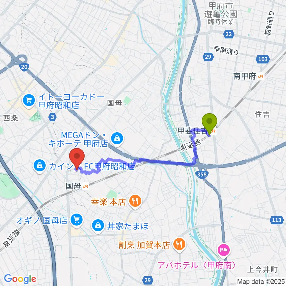 甲斐住吉駅から土屋バイオリンチェロ教室へのルートマップ地図