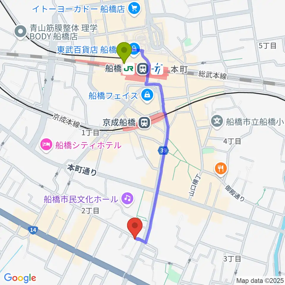 スカイワードミュージックスクールの最寄駅船橋駅からの徒歩ルート（約10分）地図