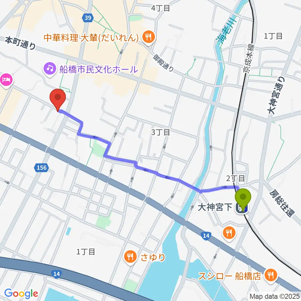 大神宮下駅からスカイワードミュージックスクールへのルートマップ地図
