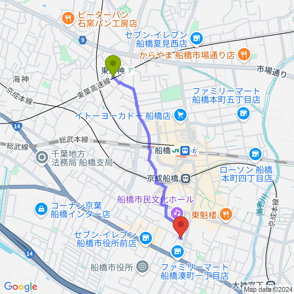 東海神駅からスカイワードミュージックスクールへのルートマップ地図