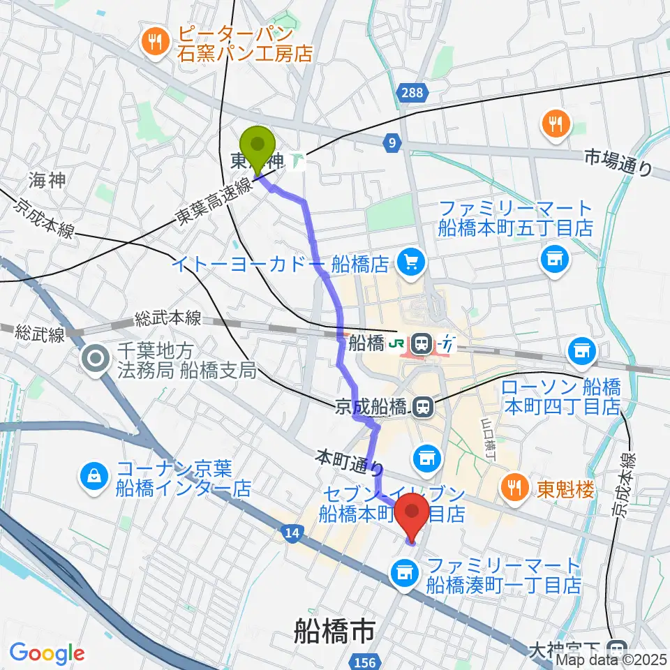 東海神駅からスカイワードミュージックスクールへのルートマップ地図