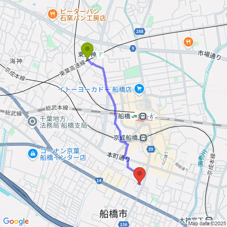 東海神駅からスカイワードミュージックスクールへのルートマップ地図