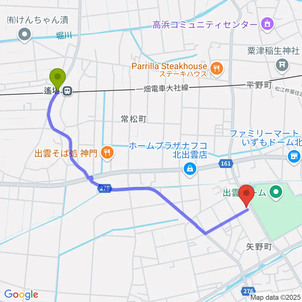 遙堪駅から出雲アポロへのルートマップ地図