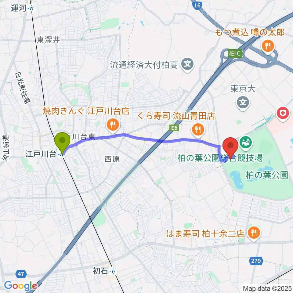 江戸川台駅からさわやかちば県民プラザへのルートマップ地図