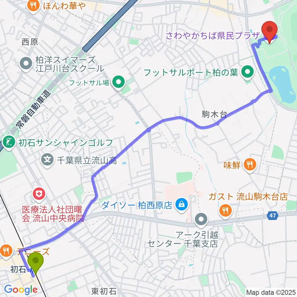 初石駅からさわやかちば県民プラザへのルートマップ地図