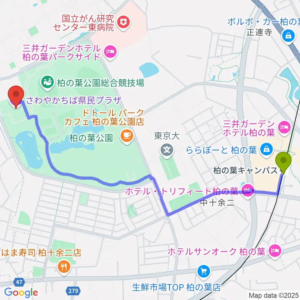 さわやかちば県民プラザの最寄駅柏の葉キャンパス駅からの徒歩ルート（約28分）地図