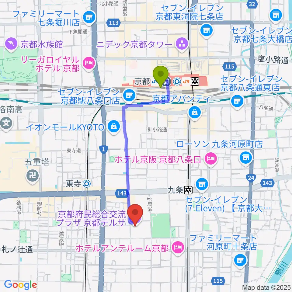 京都駅から京都テルサホールへのルートマップ地図