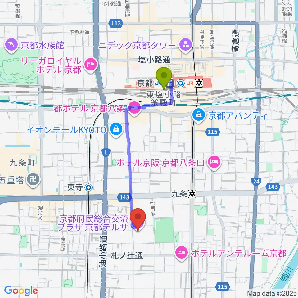 京都駅から京都テルサホールへのルートマップ地図