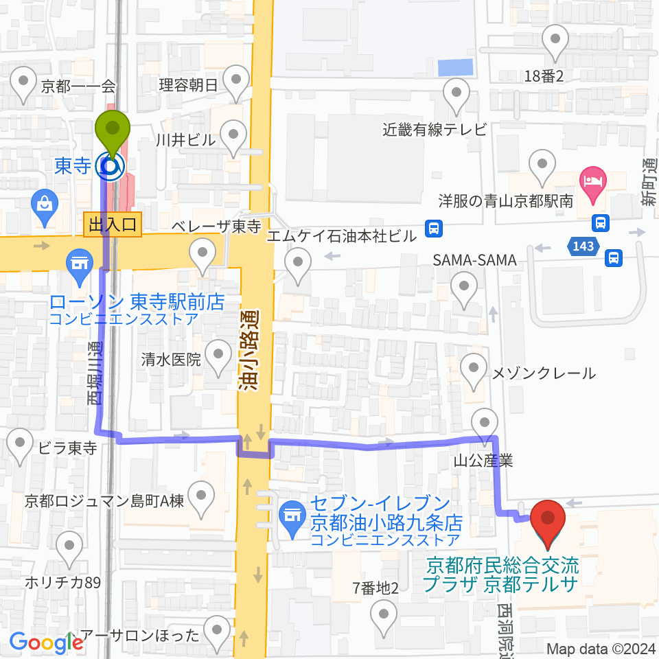 東寺駅から京都テルサホールへのルートマップ地図