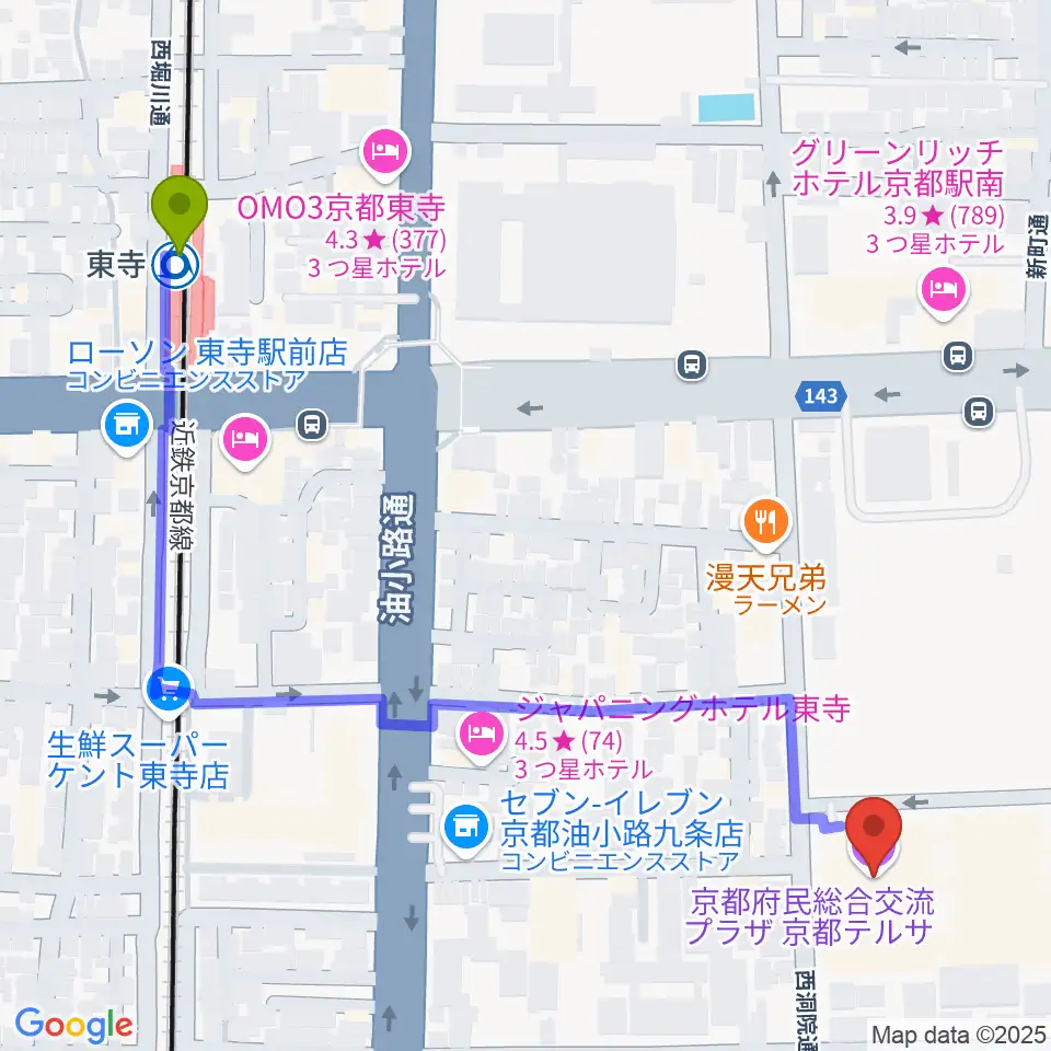 東寺駅から京都テルサホールへのルートマップ地図