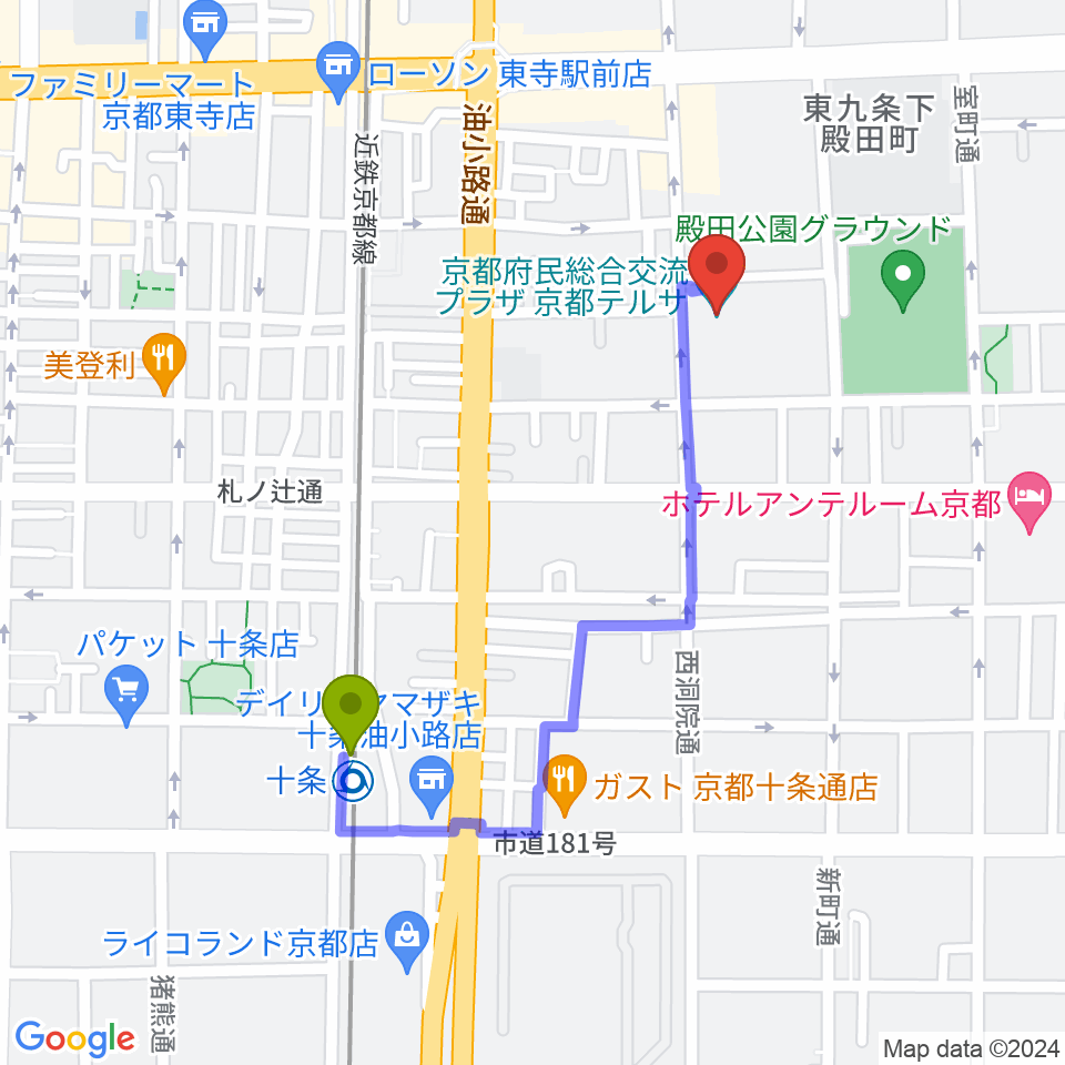 十条駅から京都テルサホールへのルートマップ地図