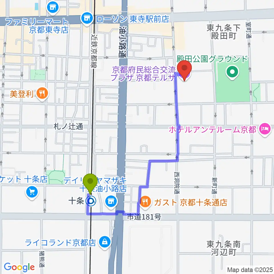 十条駅から京都テルサホールへのルートマップ地図