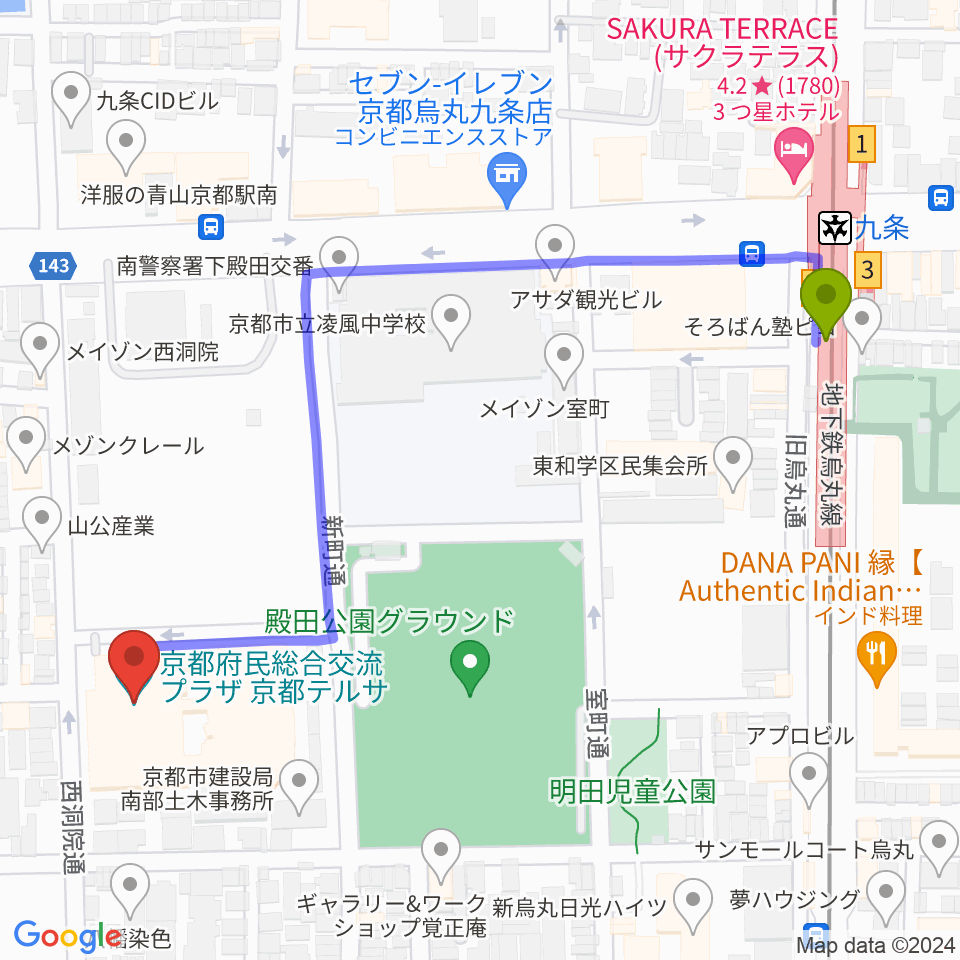 京都テルサホールの最寄駅九条駅からの徒歩ルート（約6分）地図