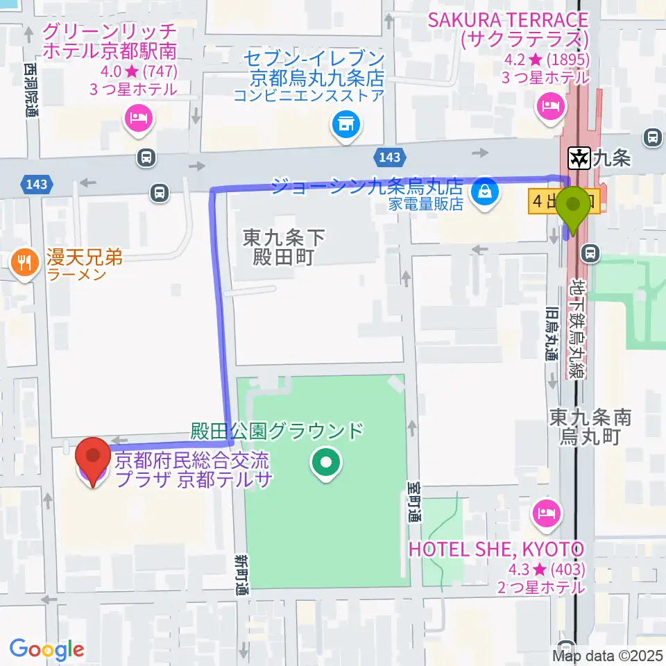 京都テルサホールの最寄駅九条駅からの徒歩ルート（約6分）地図