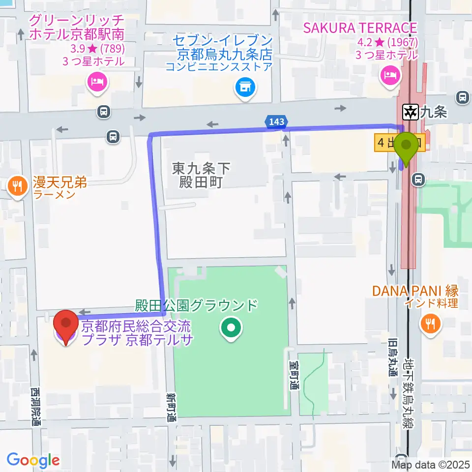京都テルサホールの最寄駅九条駅からの徒歩ルート（約6分）地図