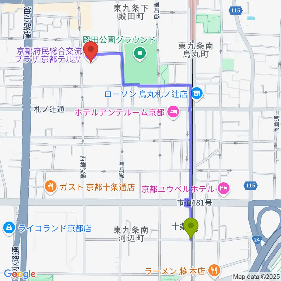 十条駅から京都テルサホールへのルートマップ地図