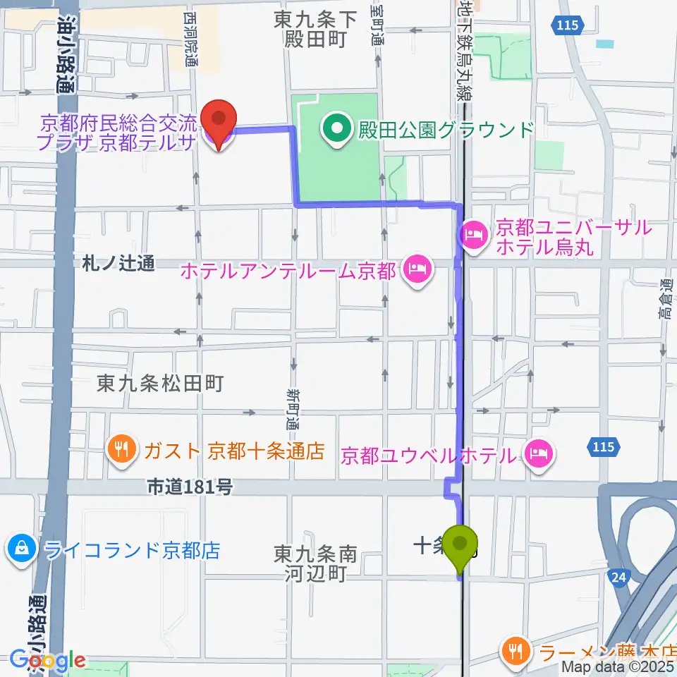 十条駅から京都テルサホールへのルートマップ地図