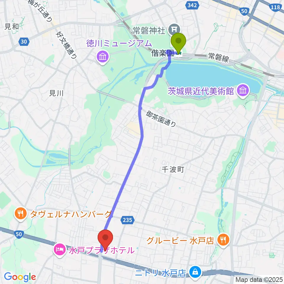 セキショウ・ウェルビーイング福祉会館の最寄駅偕楽園駅からの徒歩ルート（約45分）地図