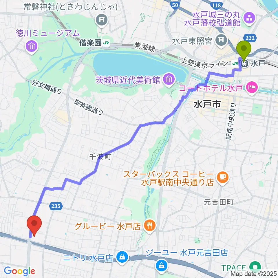 水戸駅からセキショウ・ウェルビーイング福祉会館へのルートマップ地図