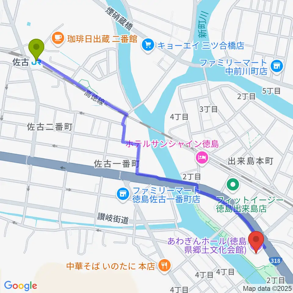 佐古駅からあわぎんホールへのルートマップ地図